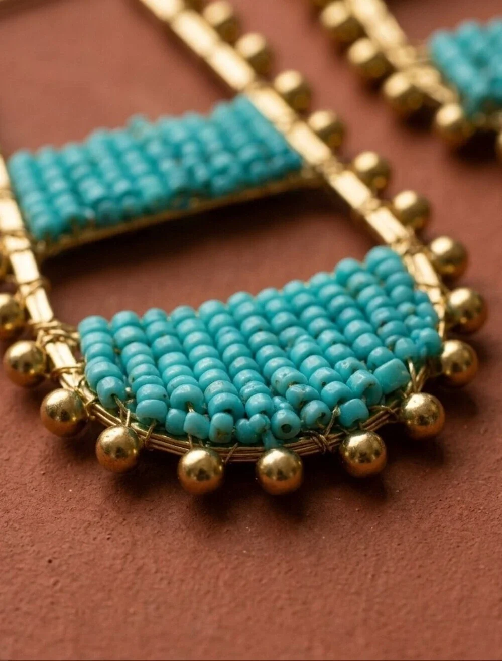 Aqua Turquoise Seed Bead Statement Hoop Earrings Boho Artisan Gold Woven 2